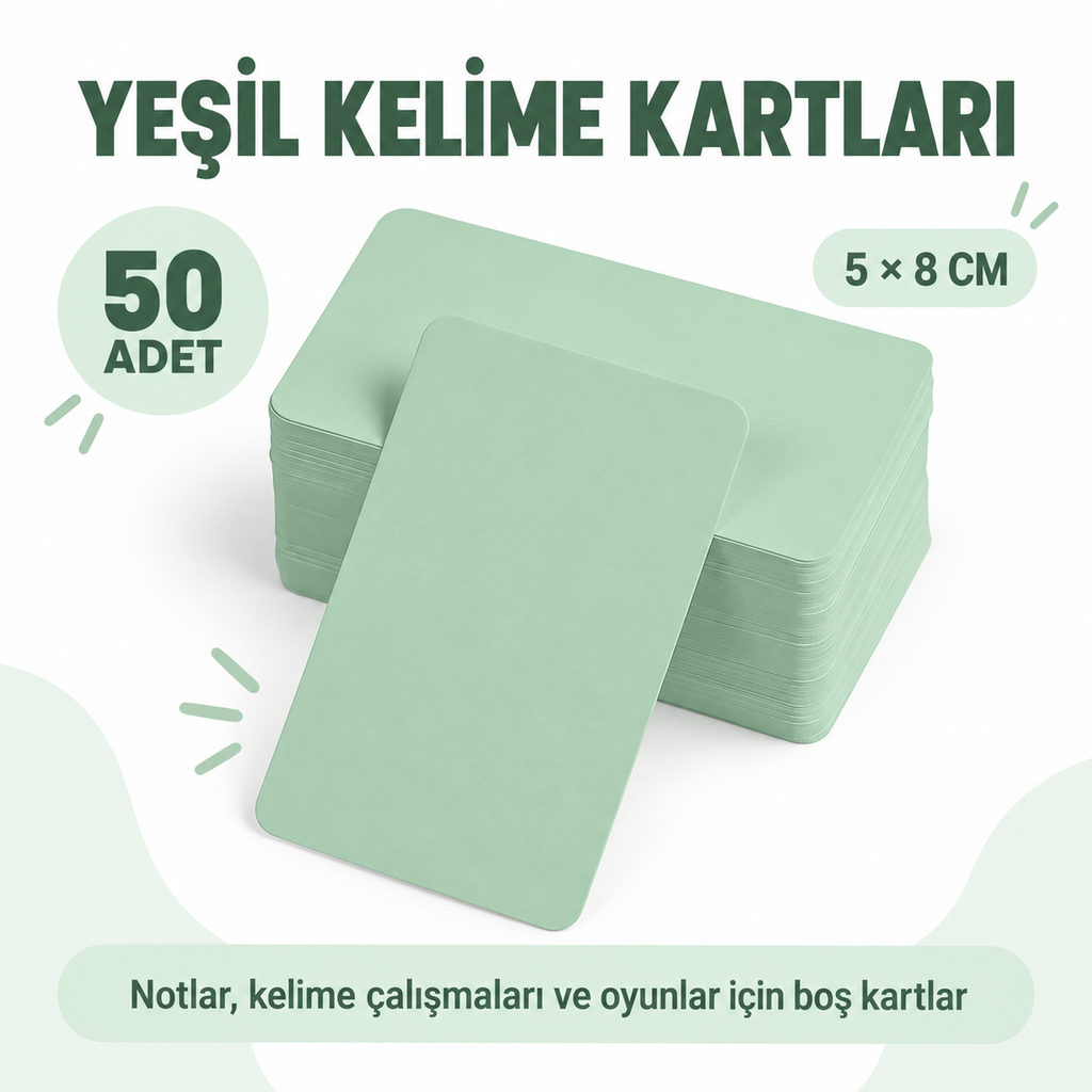 Yeşil Boş Kelime Kartları 50 Adet - özellik ve kullanım bilgileri