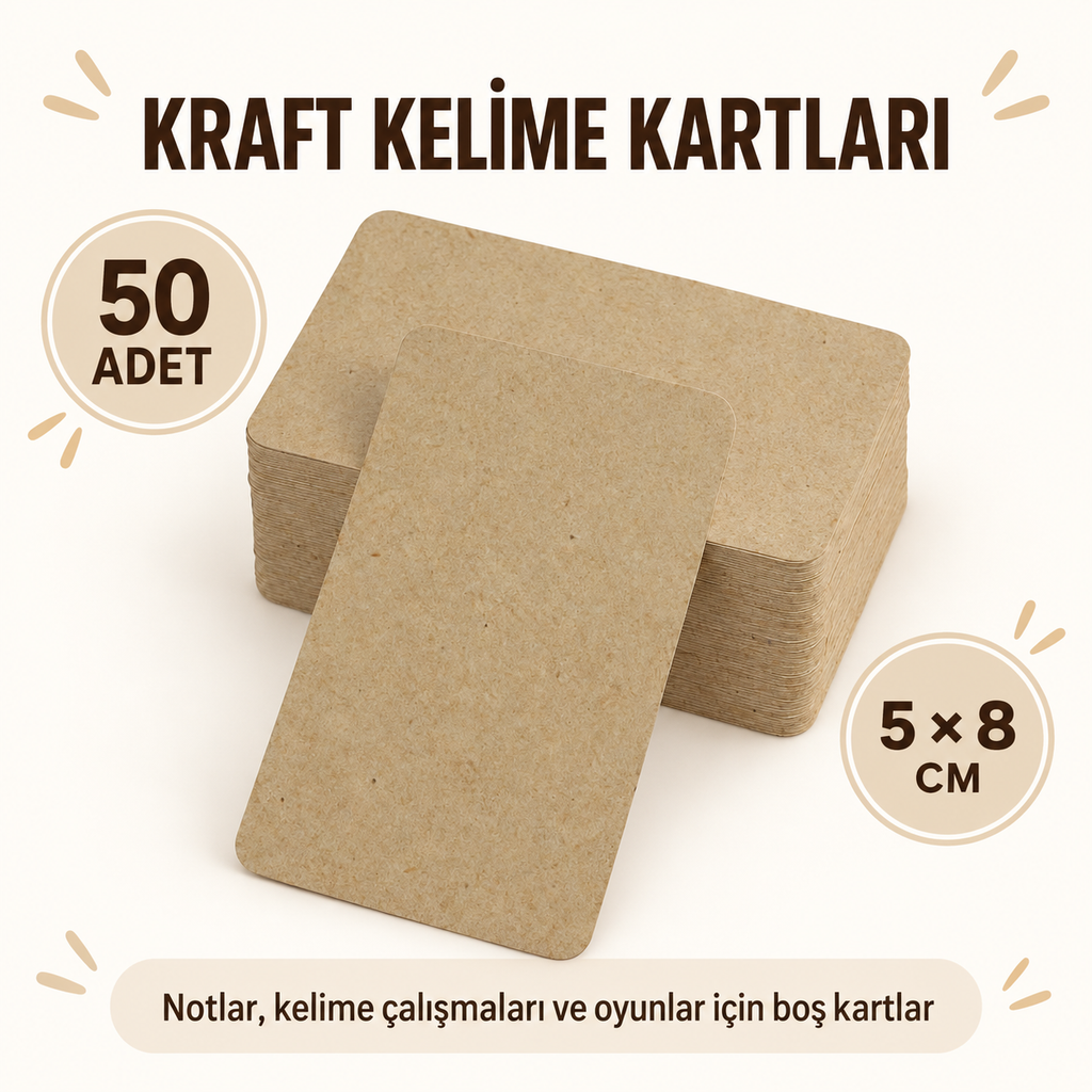 Kraft Boş Kelime Kartları 50 Adet - ölçü ve kullanım bilgileri