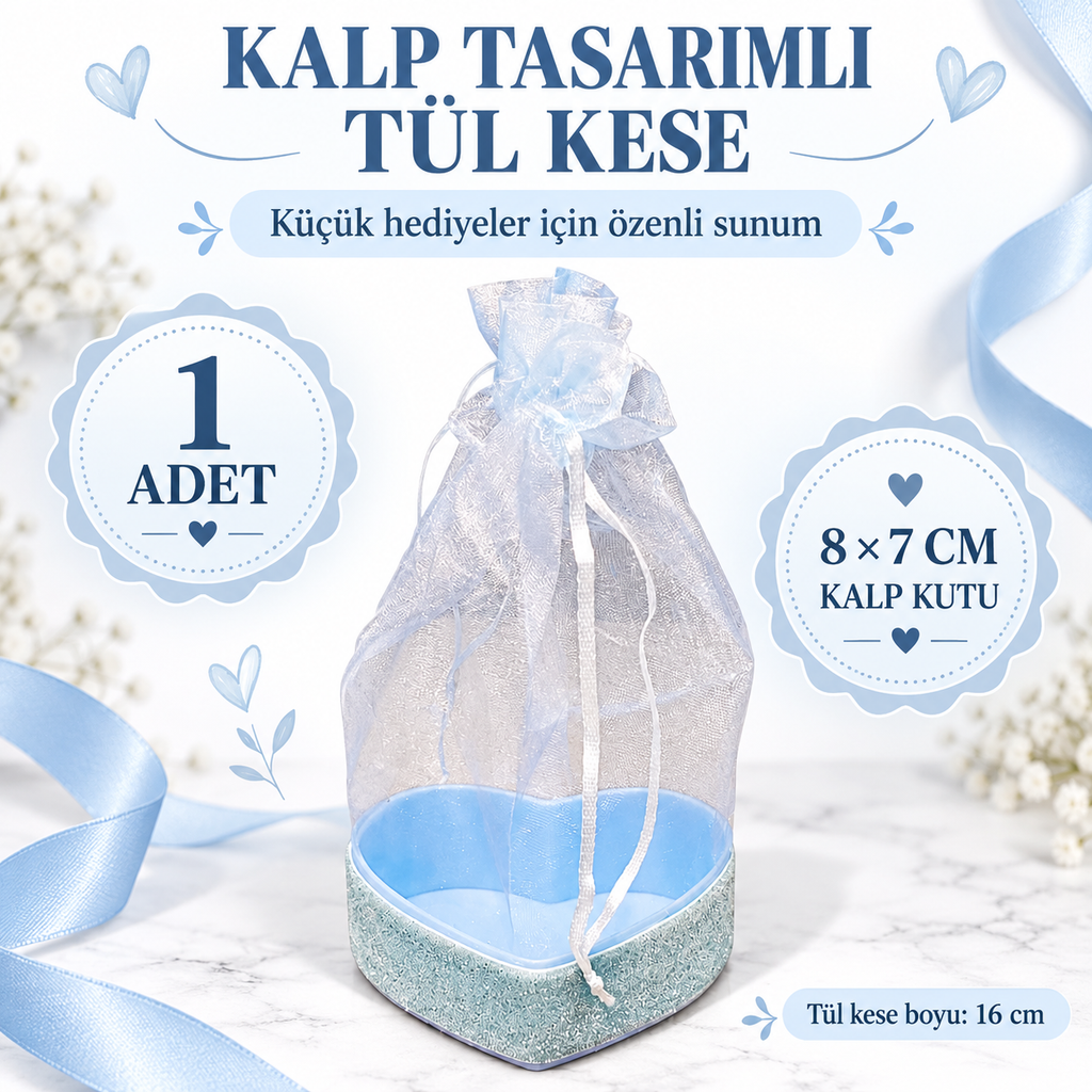 Mavi Kalp Tasarımlı Tül Kese - özellik ve kullanım bilgileri
