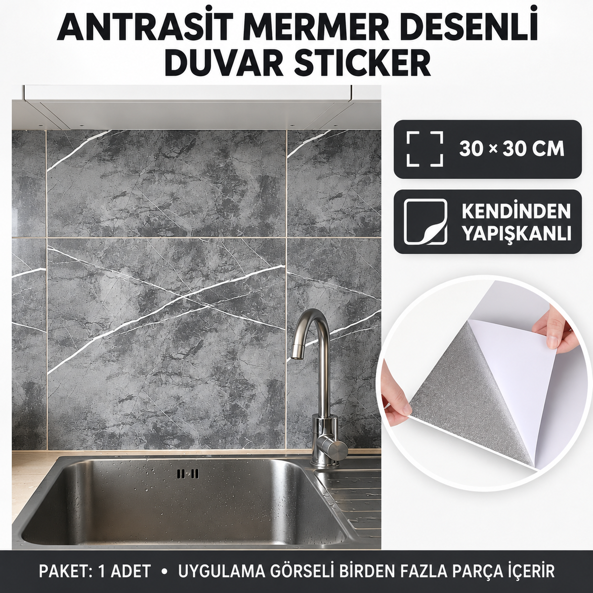 30x30 Antrasit Mermer Desenli Duvar Sticker - özellik ve kullanım bilgileri