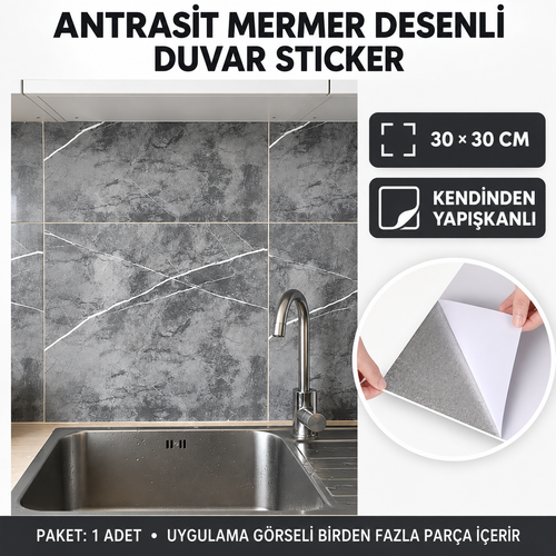 30x30 Antrasit Mermer Desenli Duvar Sticker - özellik ve kullanım bilgileri