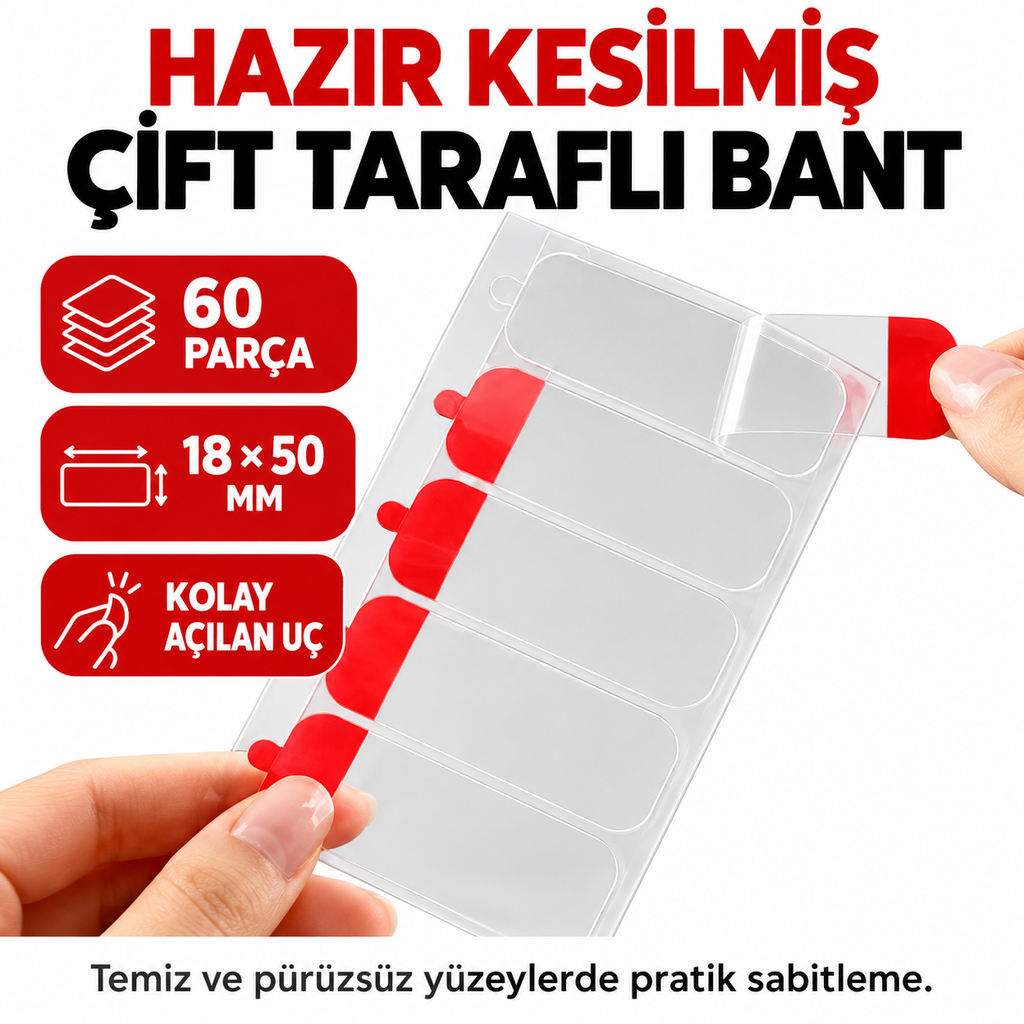 60 Parça Kolay Açılır Güçlü Çift Taraflı Bant 18mmx50mm - özellik ve kullanım bilgileri