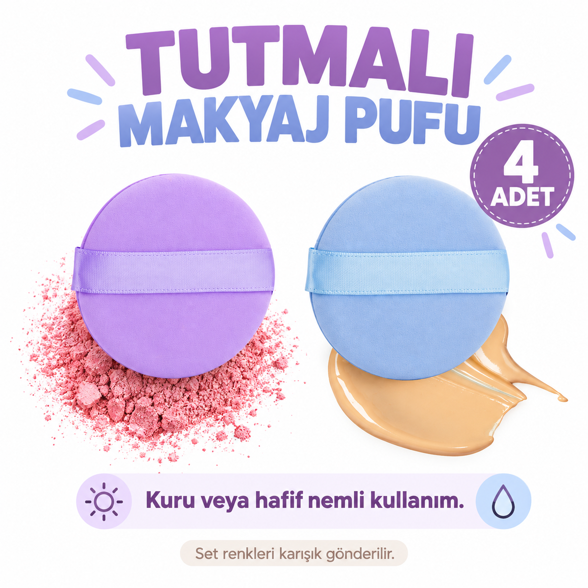 4'lü Tutmalı Pudra Makyaj Süngeri Puf Seti - özellik ve kullanım bilgileri