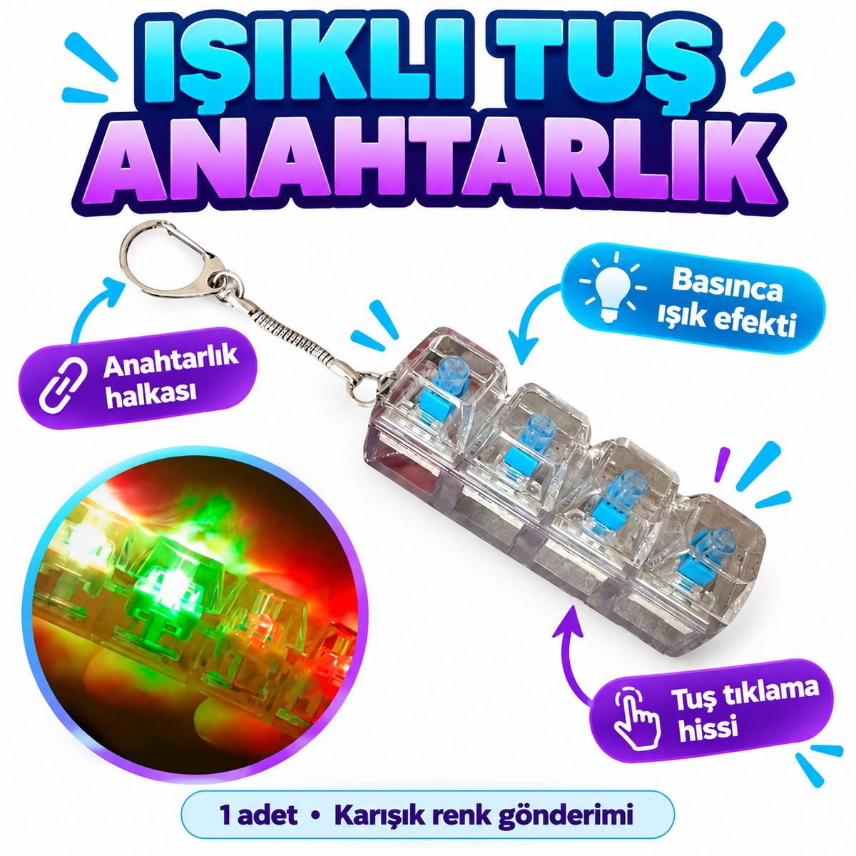 Işıklı Klavye Tuşu Switch Anahtarlık - özellik ve kullanım bilgileri