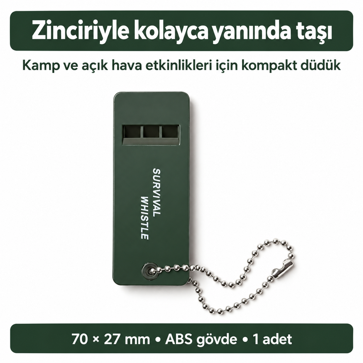 Yeşil ABS Acil Durum Kurtarma Düdüğü - Yüksek Sesli - Zincirli - özellik ve kullanım bilgileri