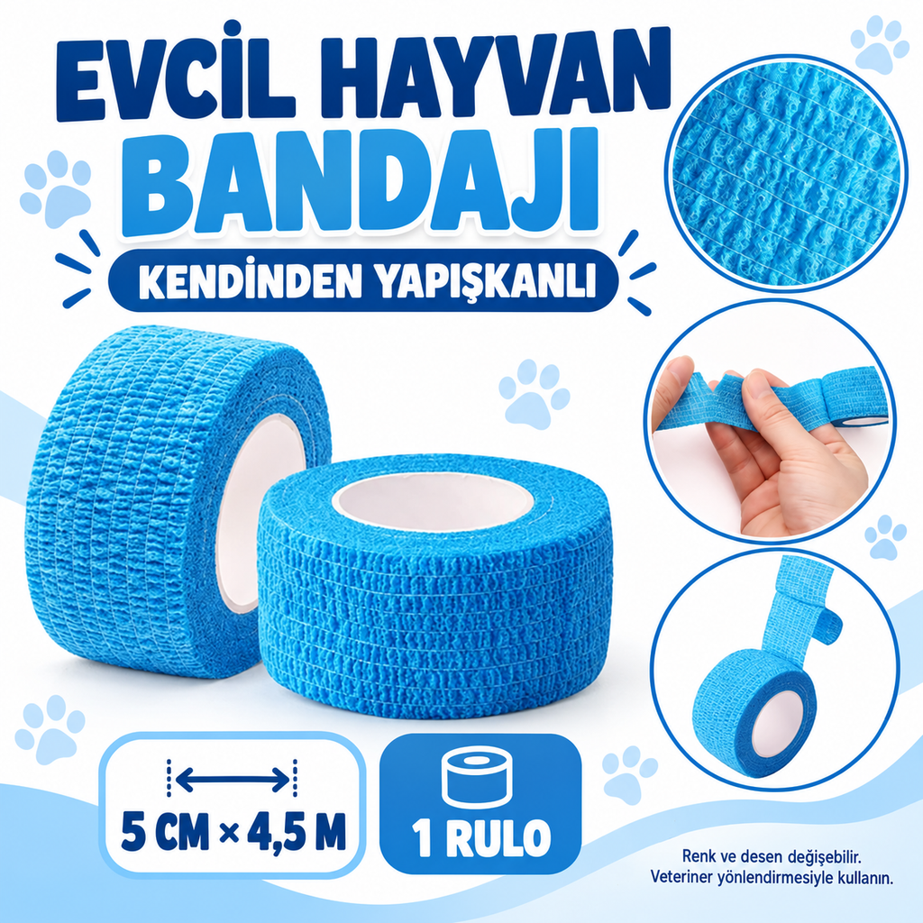 Evcil Hayvan İlk Yardım Bandajı - Kendinden Yapışkanlı (5 cm x 4.5 m) - özellik ve kullanım bilgileri