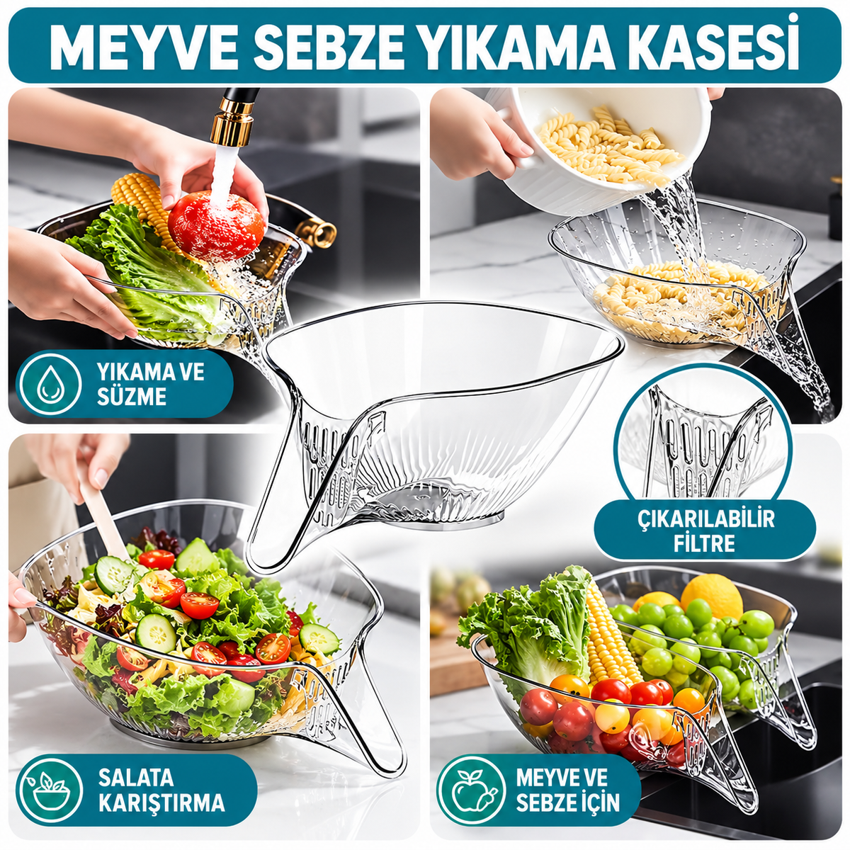 Meyve Sebze Yıkama Süzgeci - Şeffaf Yemek Kasesi - Çıkarılabilir Filtreli - özellik ve kullanım bilgileri