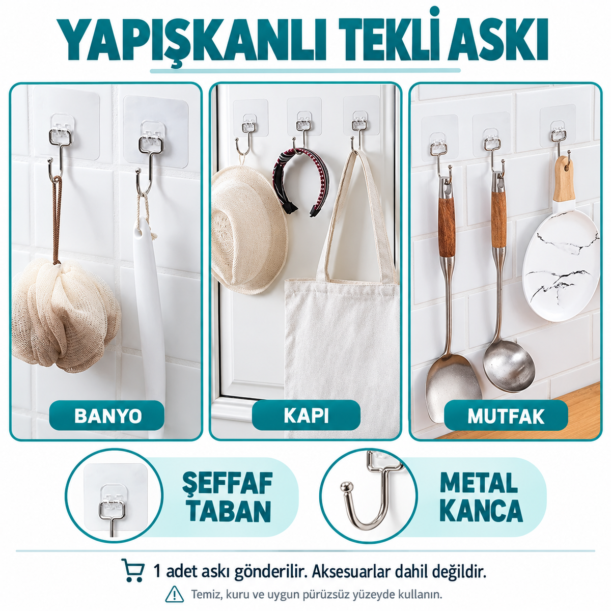 Yapışkanlı Tekli Askı - Şeffaf - Demir Uçlu - özellik ve kullanım bilgileri